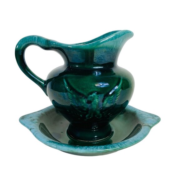 Hull Farm House Eagle Pitcher Basin Set Green Drip Glaze Pottery Home Decor VTG - Picture 1 of 16